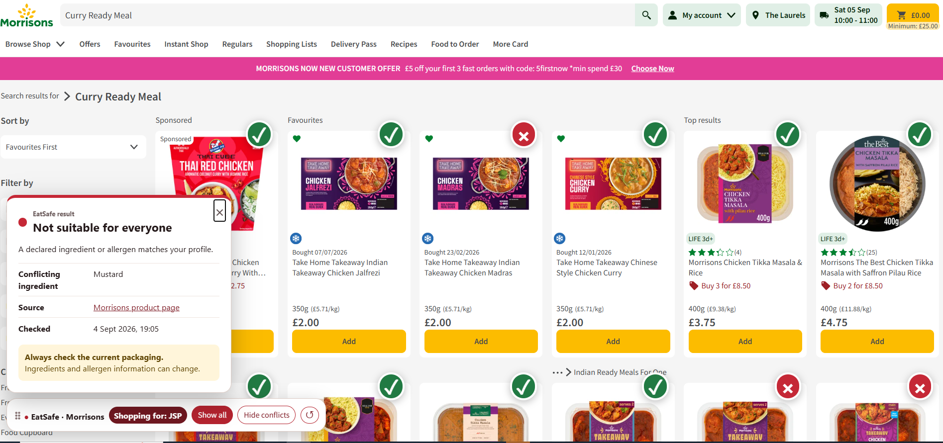EatSafe working on a Morrisons online shop, adding green ticks and red crosses to products and showing a mustard conflict with its evidence source